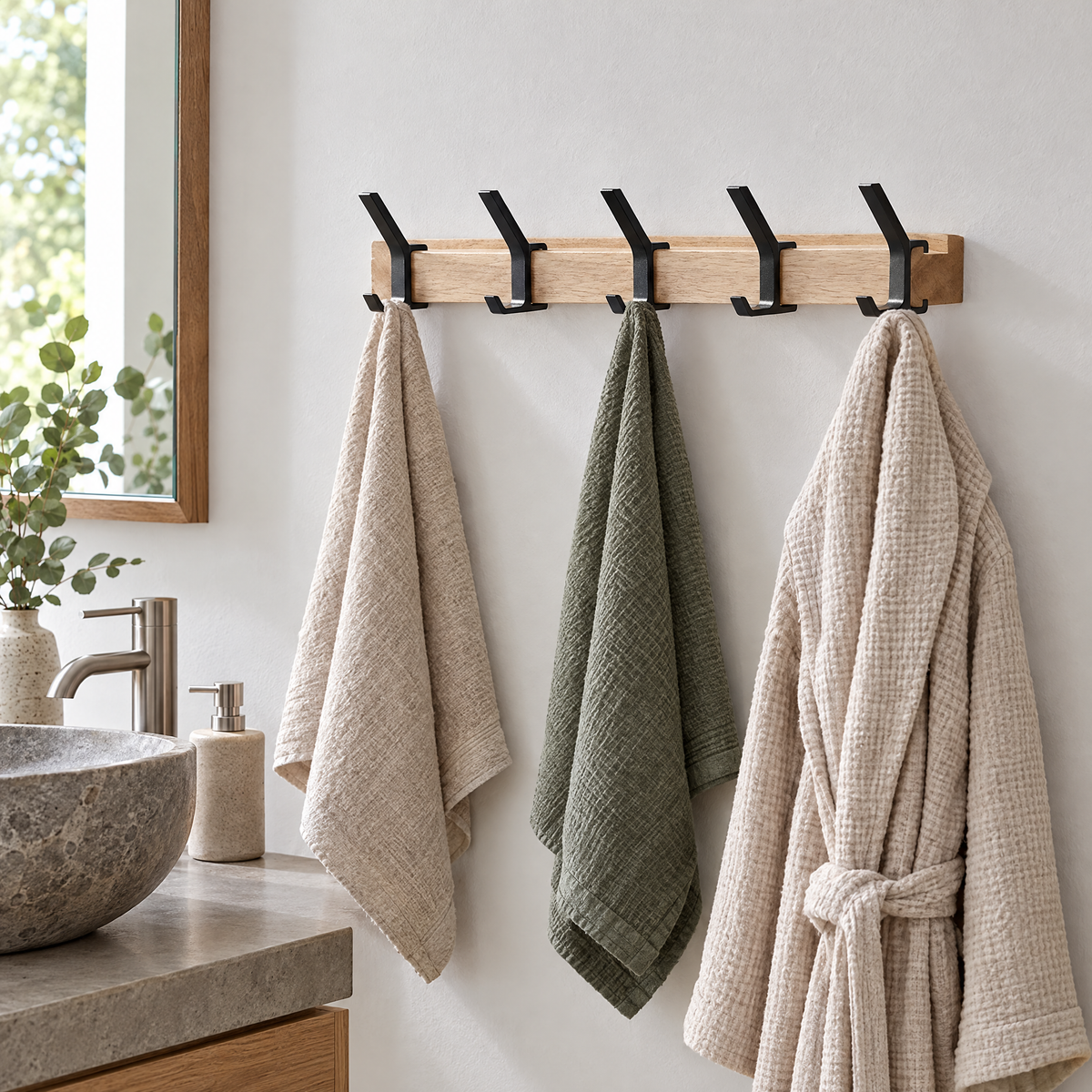 Gancio coat rack holding linen towels in a calm bathroom