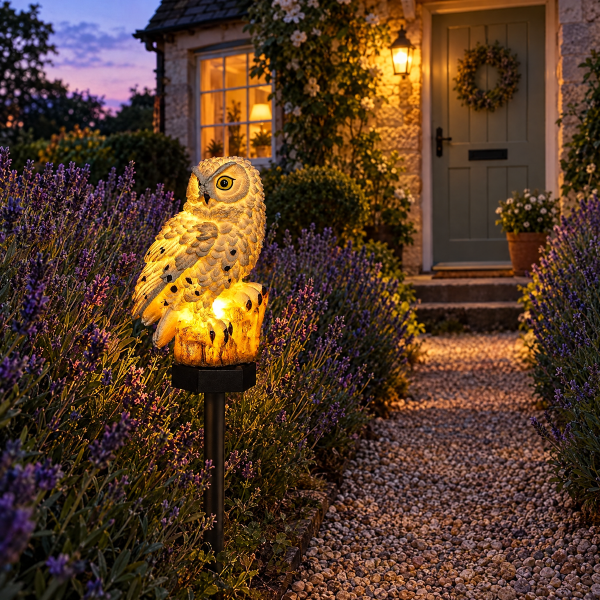 Gufo solar owl light glowing beside a lavender-lined garden path at dusk