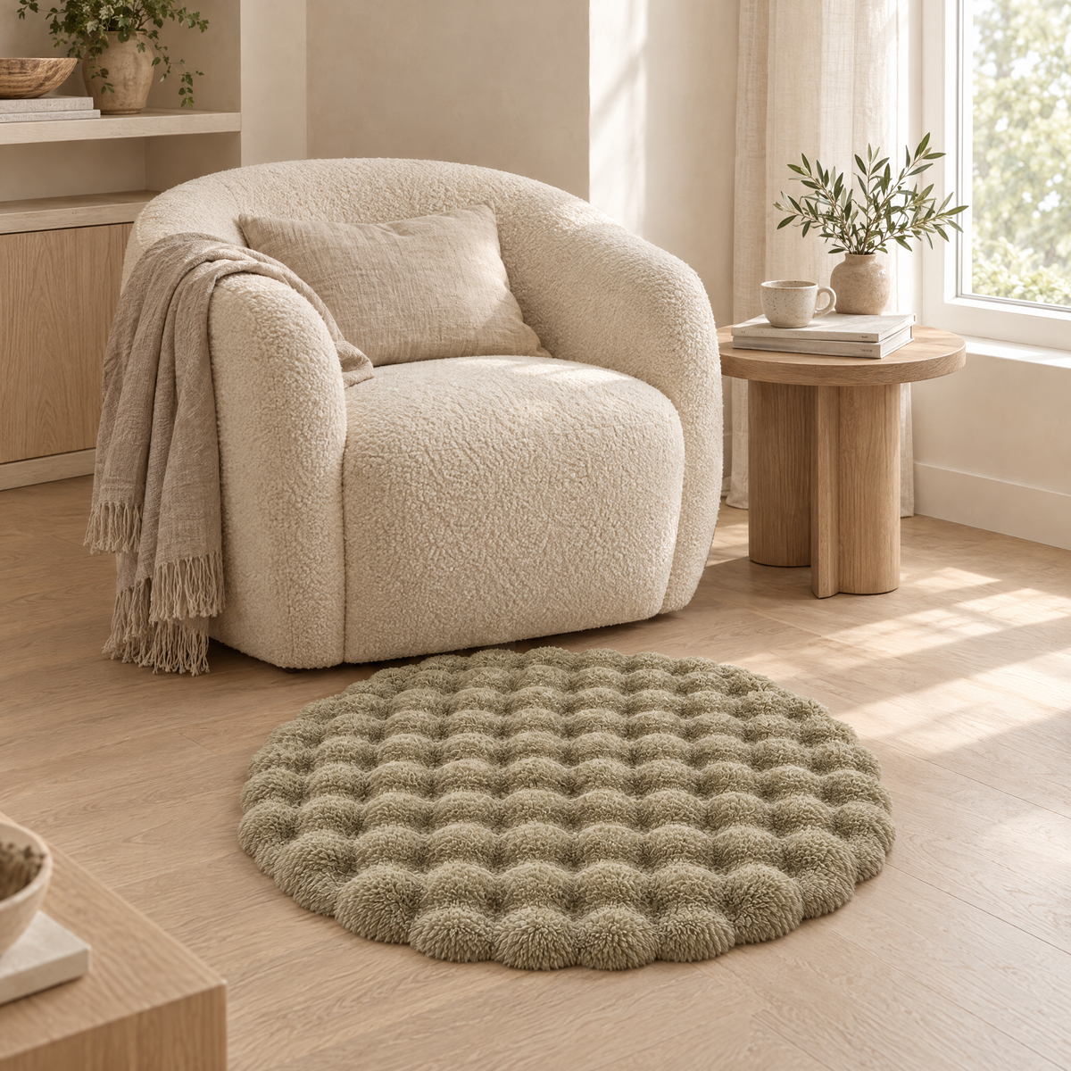 Nuvola Round Bubble Rug in khaki in front of an armchair in a reading corner