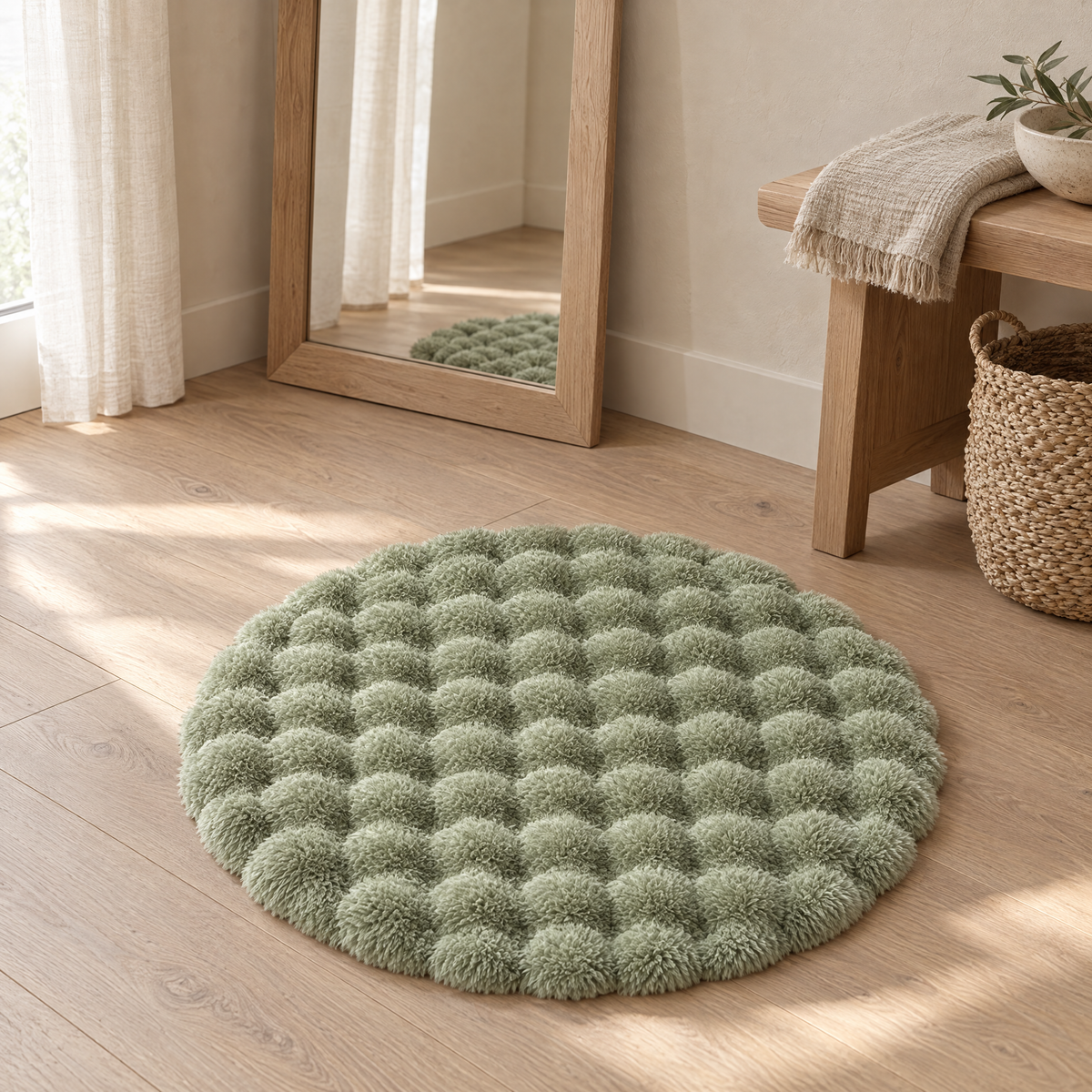 Nuvola Round Bubble Rug in sage green in a dressing area beside a mirror