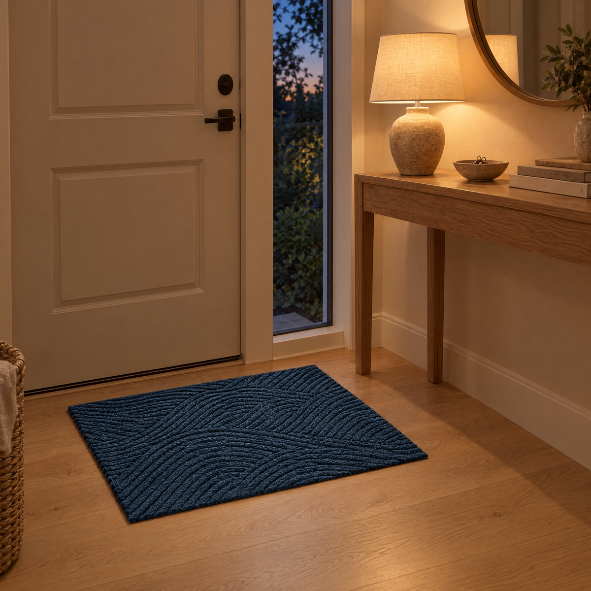 Linnea Non-Slip Door Mat in blue in a lamp-lit entryway in the evening