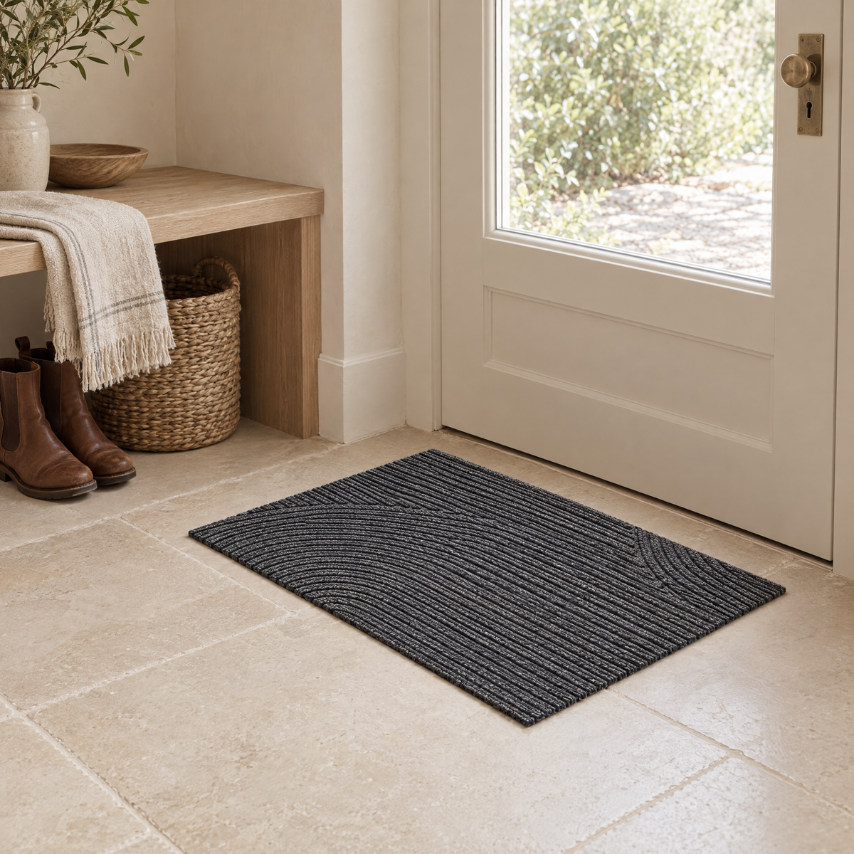 Linnea Non-Slip Door Mat in grey in a mudroom beside an oak bench