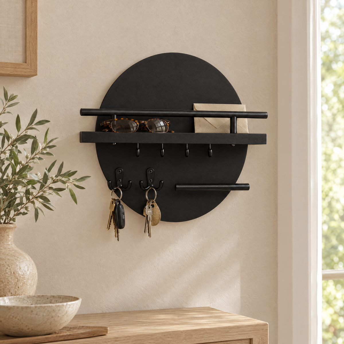 Cerchio key holder in use with keys on the hooks and sunglasses on the shelf