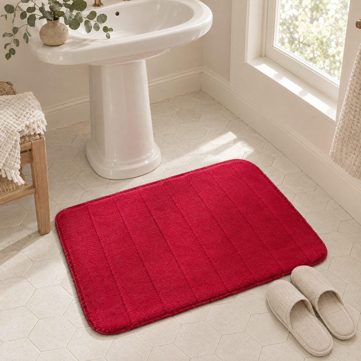 Soffio Plush Bath Mat in red in front of a pedestal sink