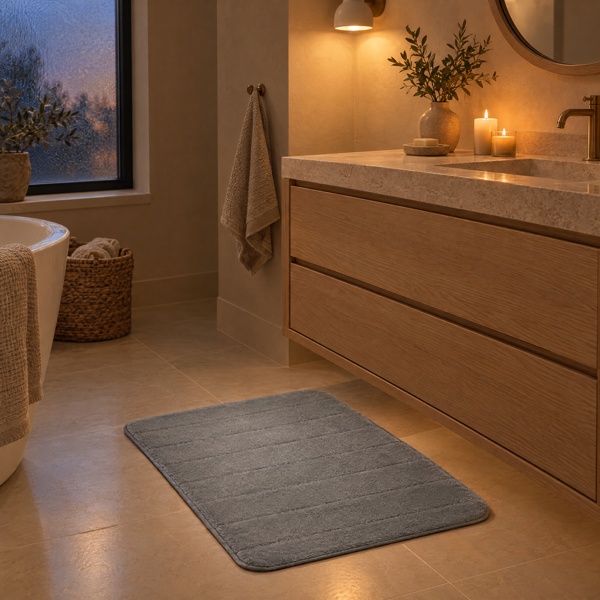 Soffio Plush Bath Mat in dove in a candlelit bathroom in the evening