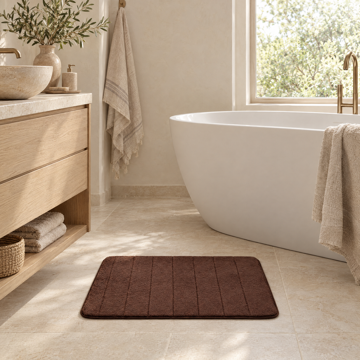 Soffio Plush Bath Mat in cocoa in front of a freestanding bathtub