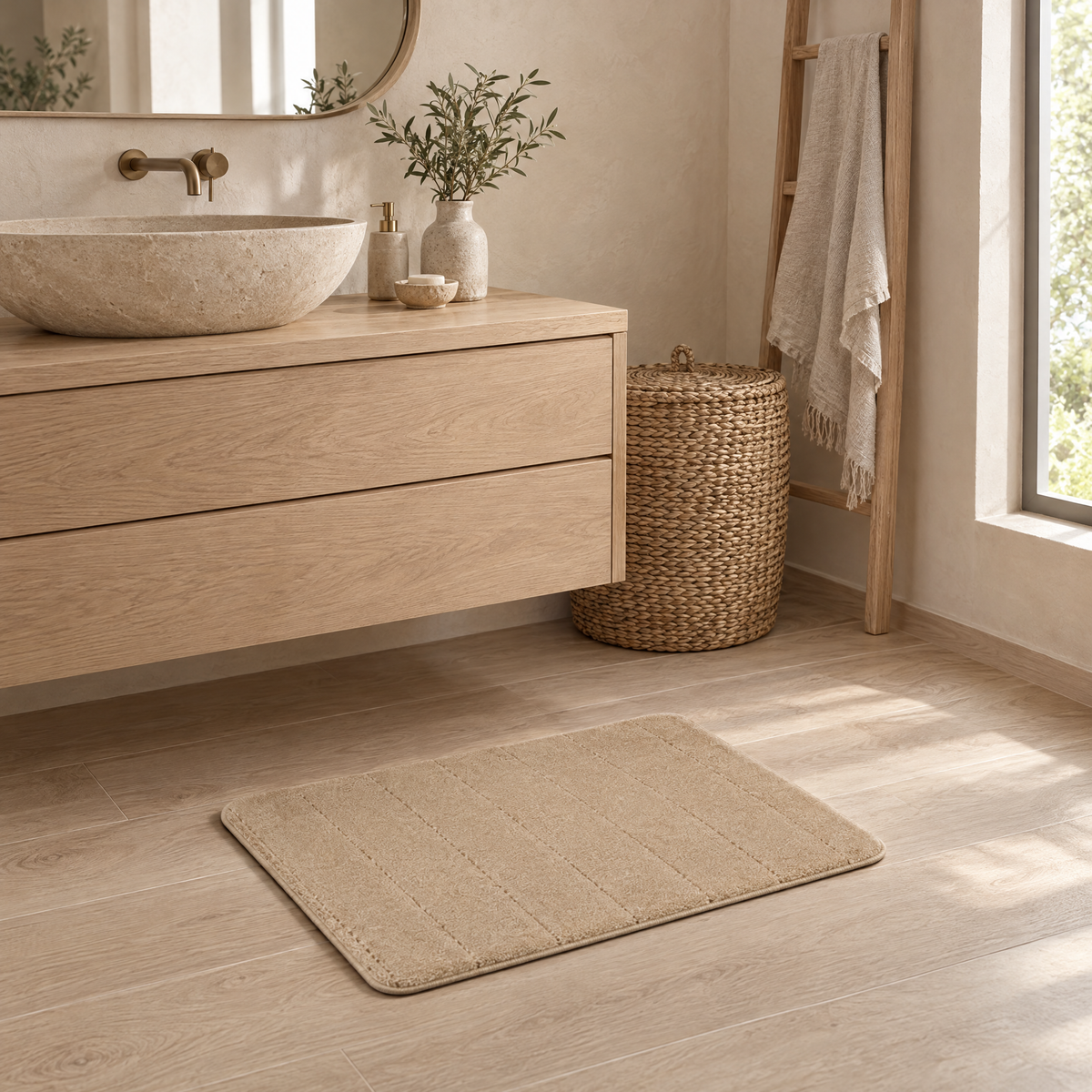 Soffio Plush Bath Mat in sand in front of a vanity with an arched mirror