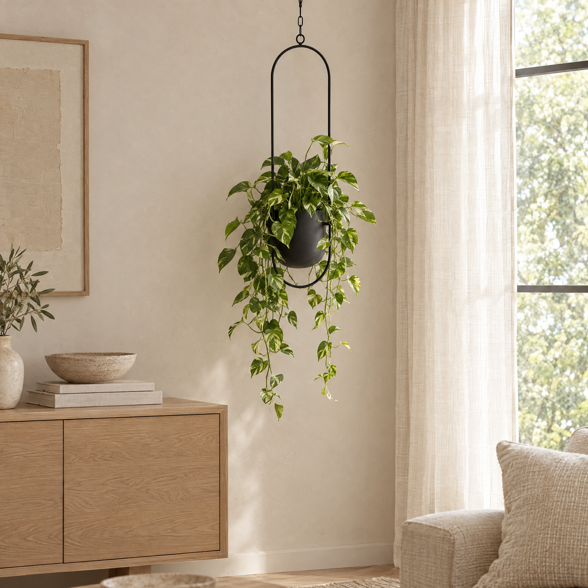 Edera hanging planter with a pothos on a living room wall beside a window