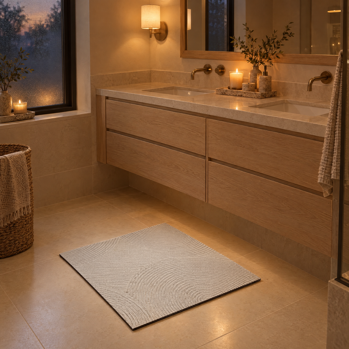 Brezza Quick-Dry Bath Mat in stone in a candlelit bathroom in the evening