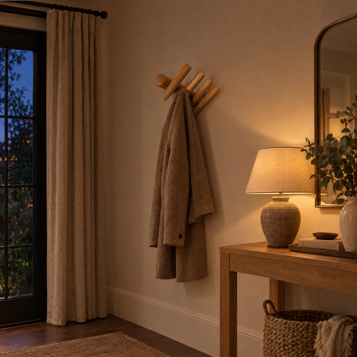 Rovere oak wall rack in a lamp-lit entryway in the evening