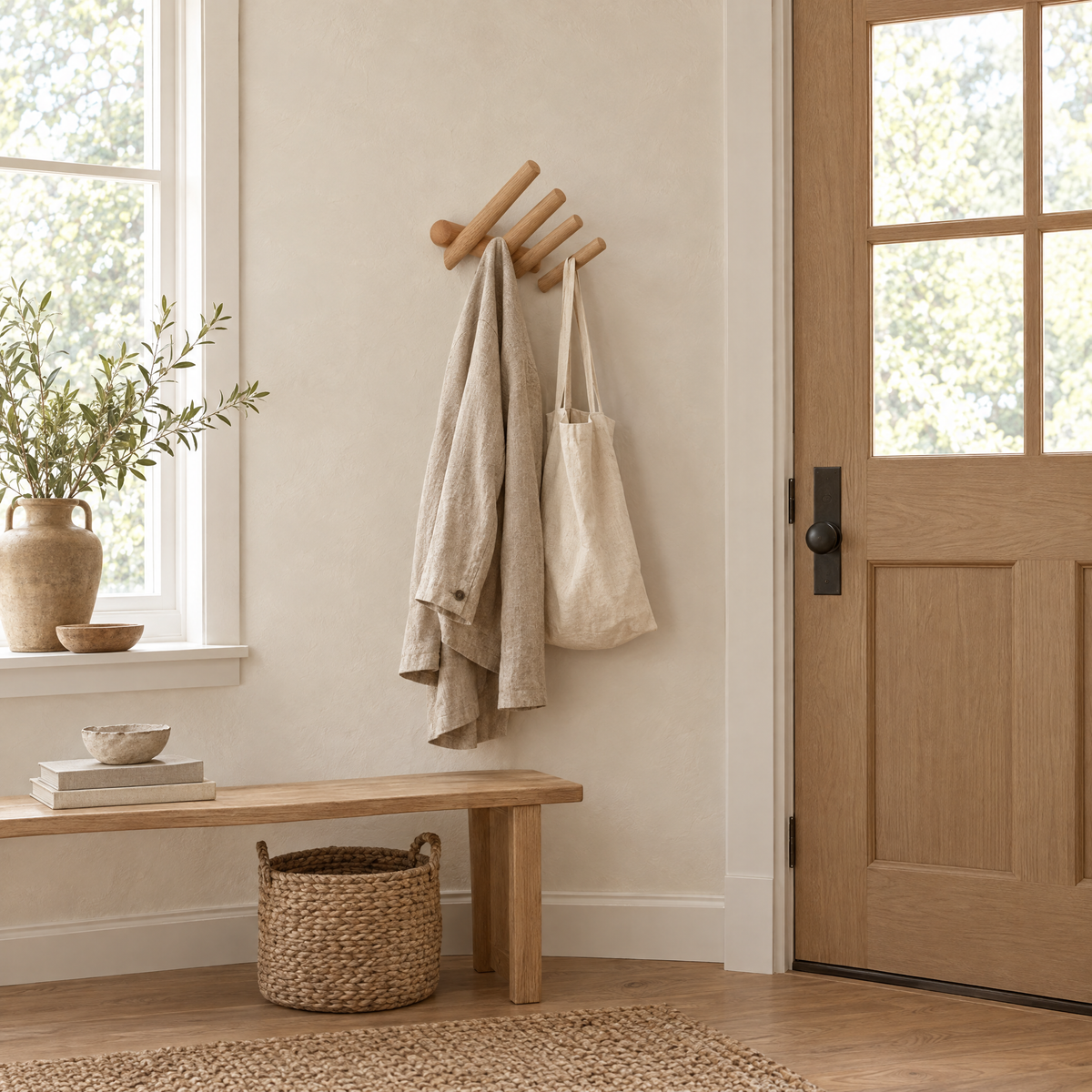 Rovere oak wall rack beside the front door with a coat and tote