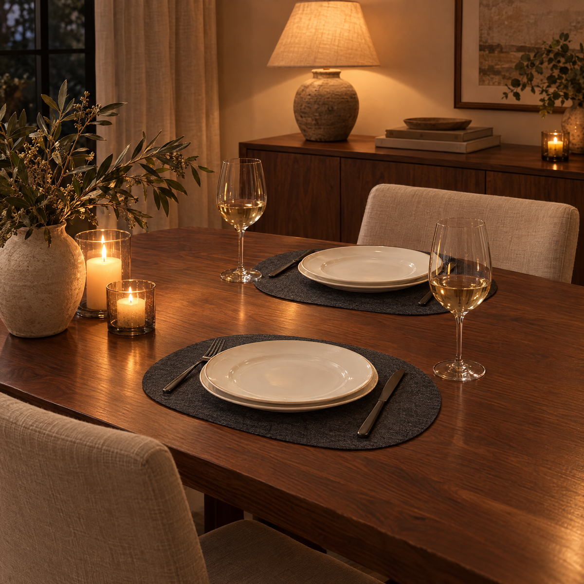 Charcoal Tavola placemats on a candlelit dining table