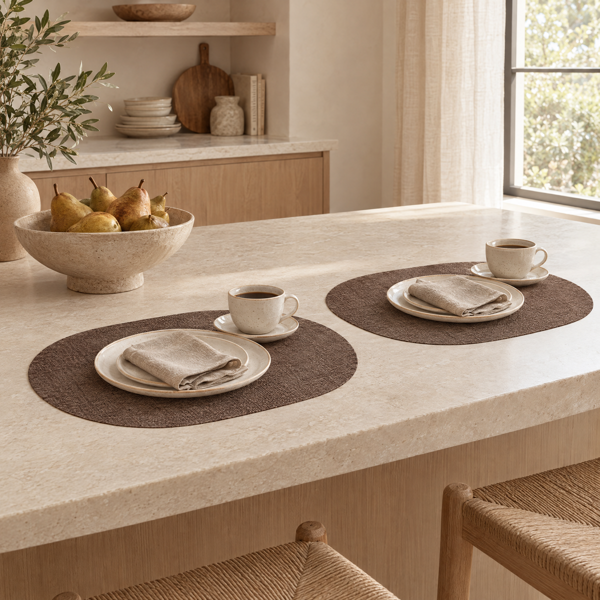 Coffee Tavola placemats on a stone kitchen island