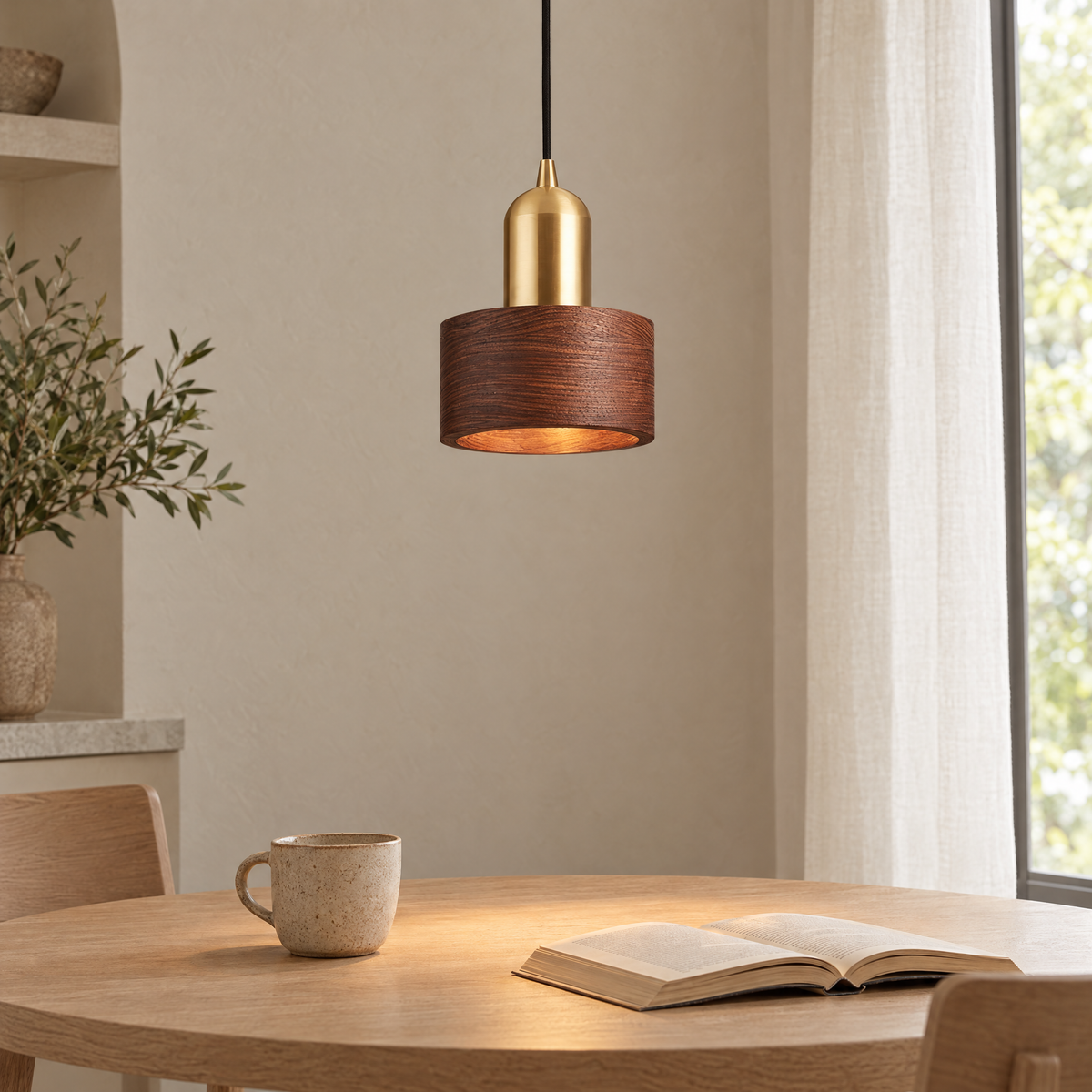 Noce Walnut Cylinder Pendant Light close-up of the walnut and brass