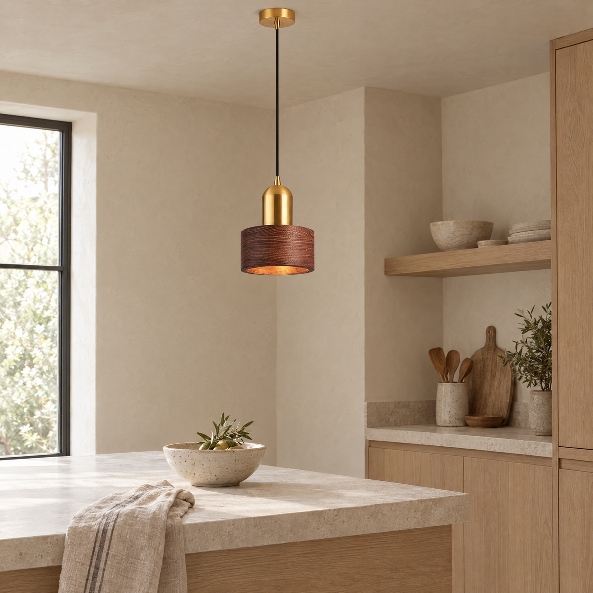 Noce Walnut Cylinder Pendant Light above a stone kitchen counter, three-quarter view
