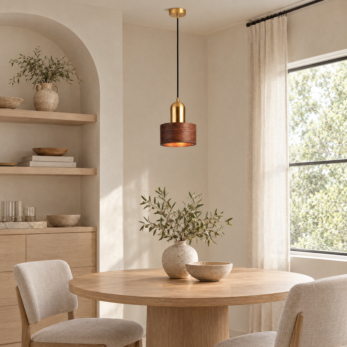 Noce Walnut Cylinder Pendant Light over a round oak dining table