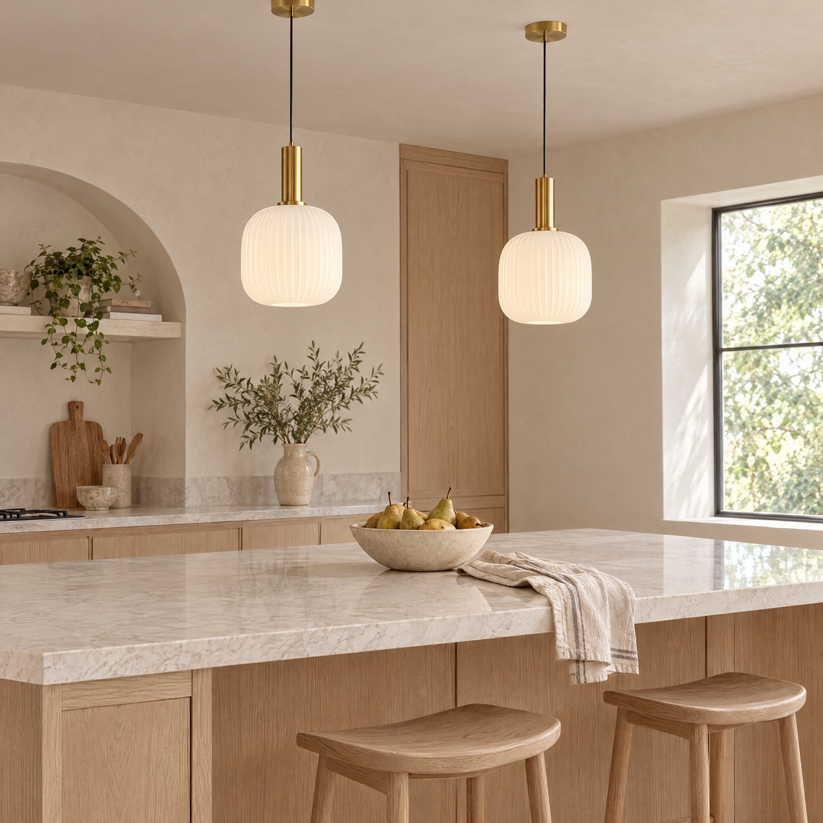 Rigata Ribbed Glass Ceiling Light a pair above a marble kitchen island