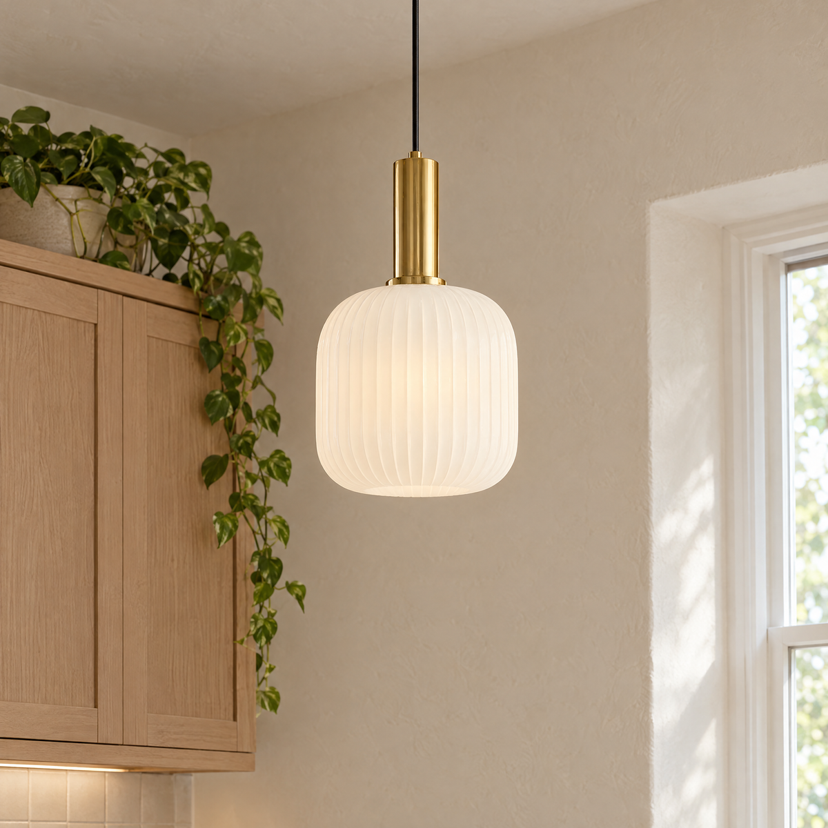 Rigata Ribbed Glass Ceiling Light close-up of the ribbed glass and brass