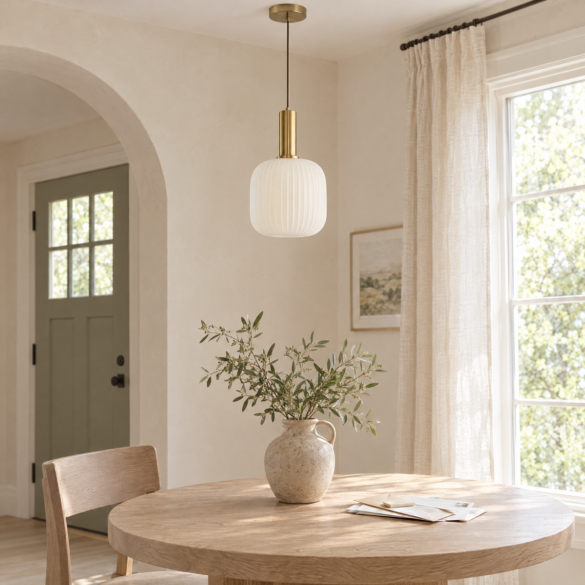 Rigata Ribbed Glass Ceiling Light above an oak entry table, three-quarter view