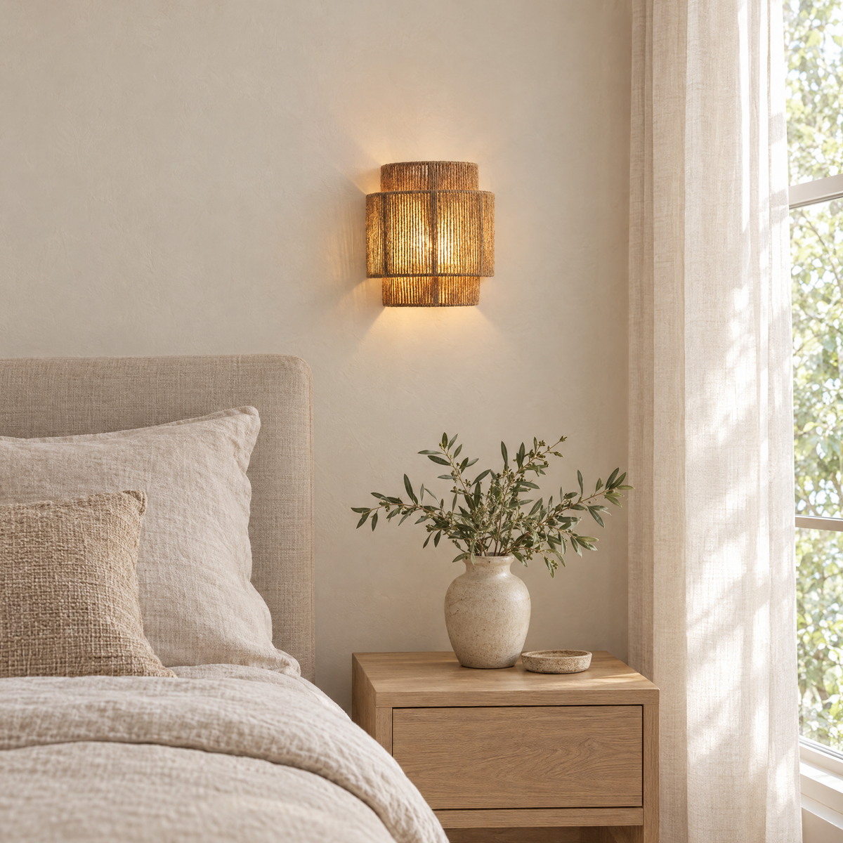 Vimini Woven Rattan Wall Light above an oak nightstand in a neutral bedroom