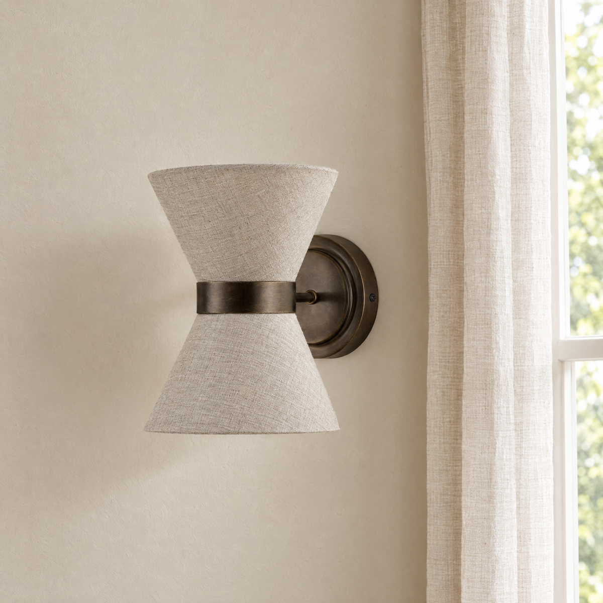 Lino Bronze and Linen Wall Light close-up of the linen shade and bronze frame