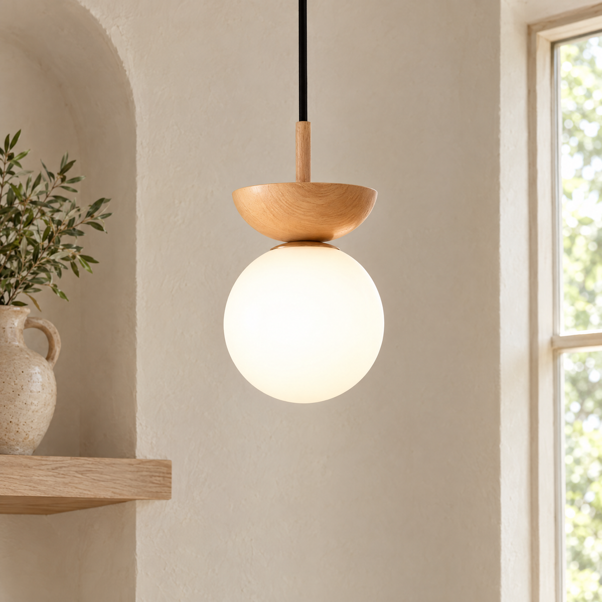 Sfera Opal Glass Globe Pendant Light close-up of the opal glass and wood-tone finish