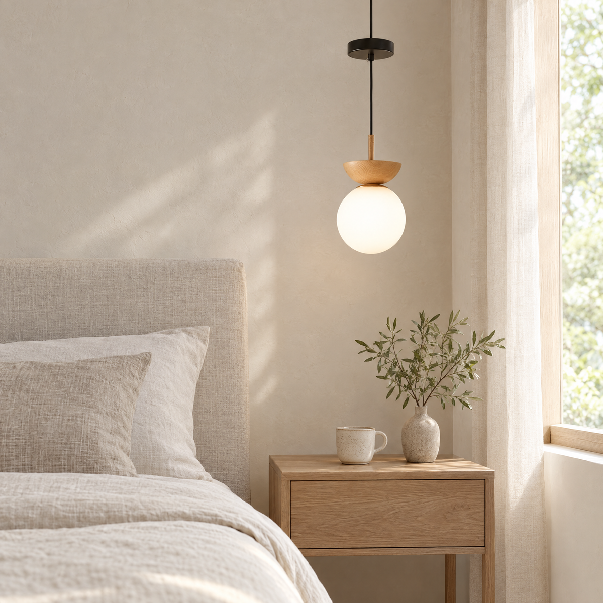 Sfera Opal Glass Globe Pendant Light beside a bed, three-quarter view