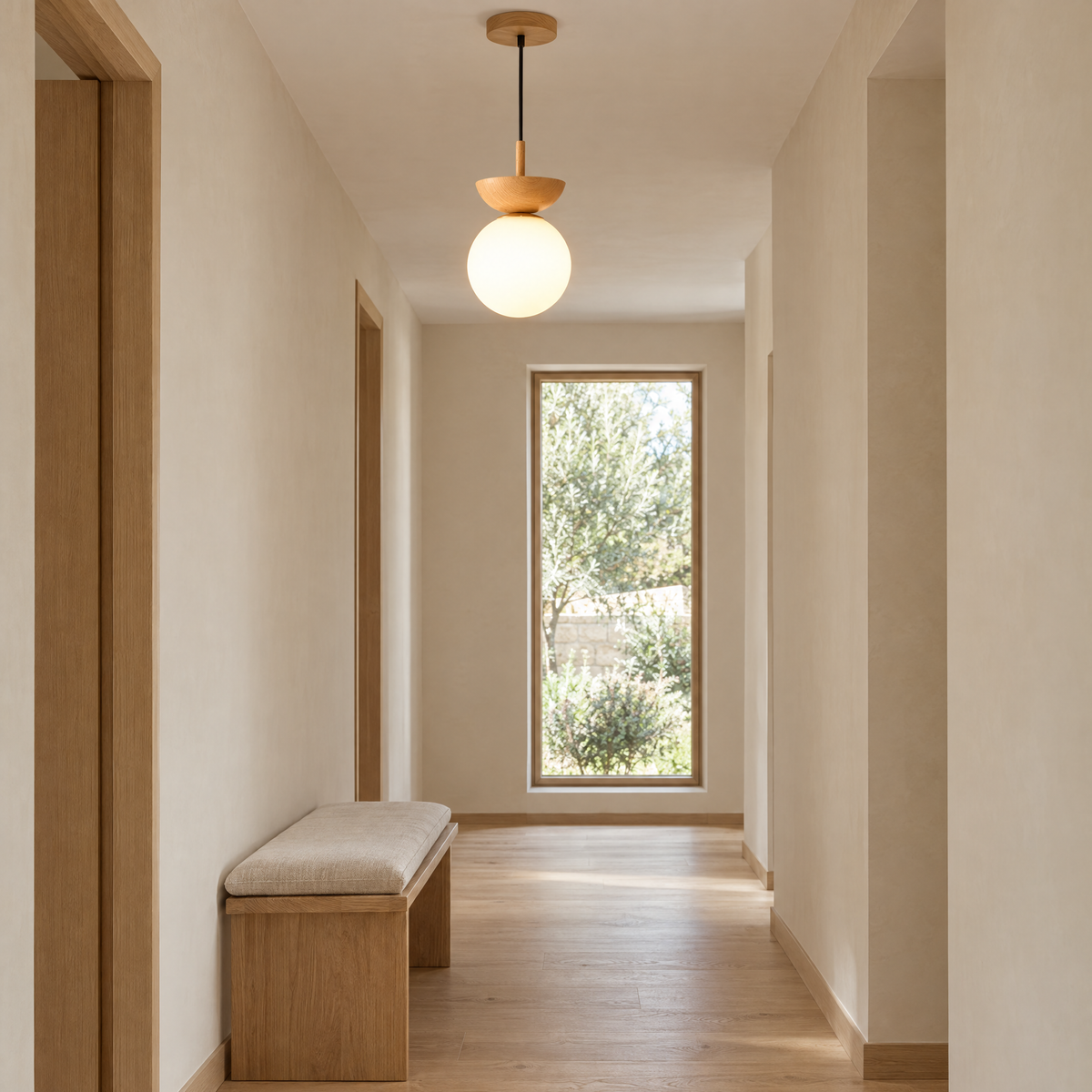 Sfera Opal Glass Globe Pendant Light in a calm hallway with oak floors