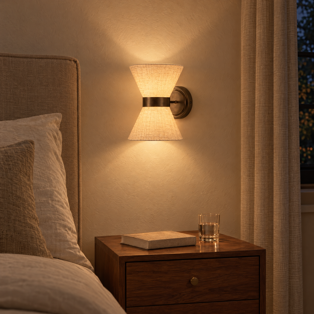 Lino Bronze and Linen Wall Light glowing above a nightstand in the evening