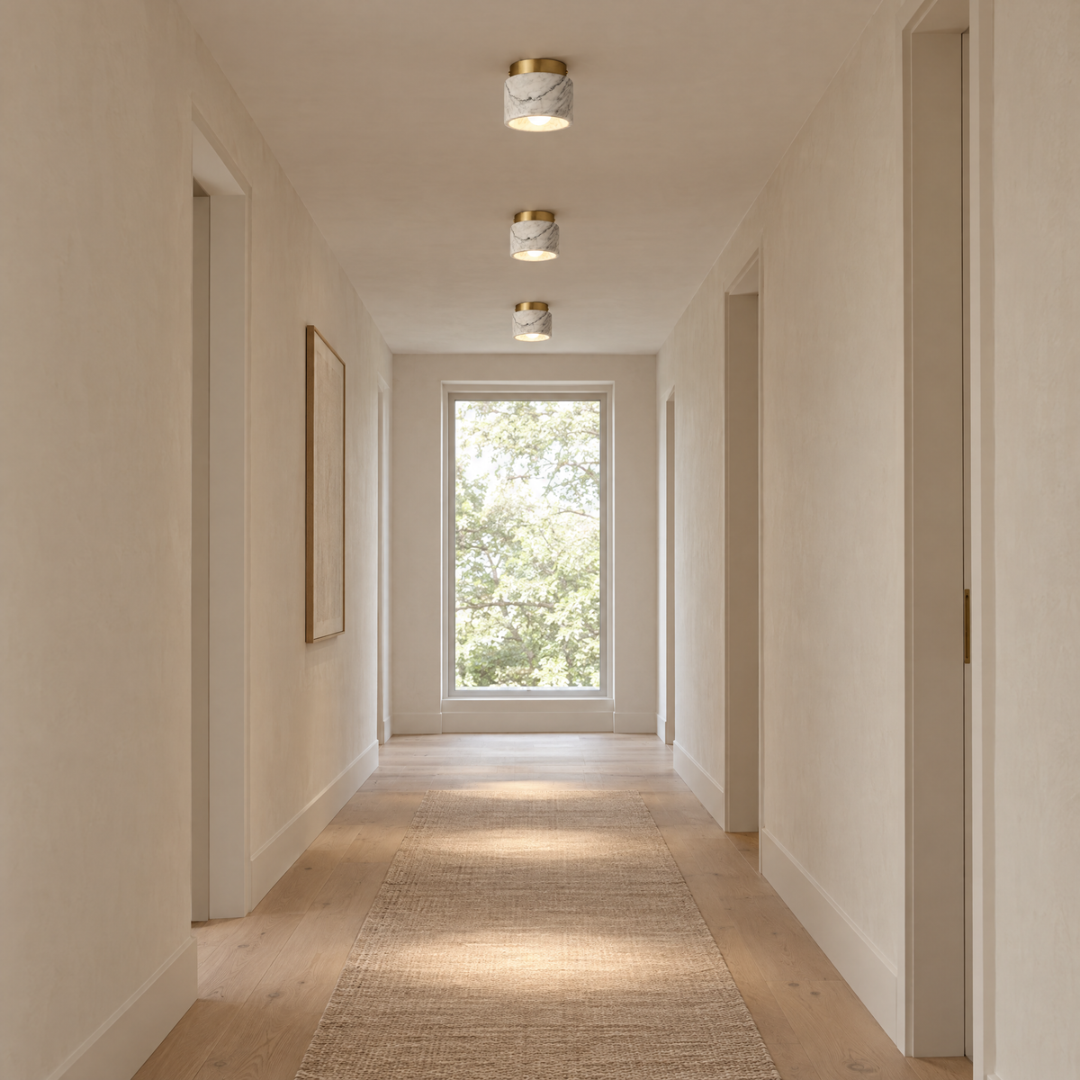 Pietra Marble Ceiling Light in white marble, three along a corridor ceiling