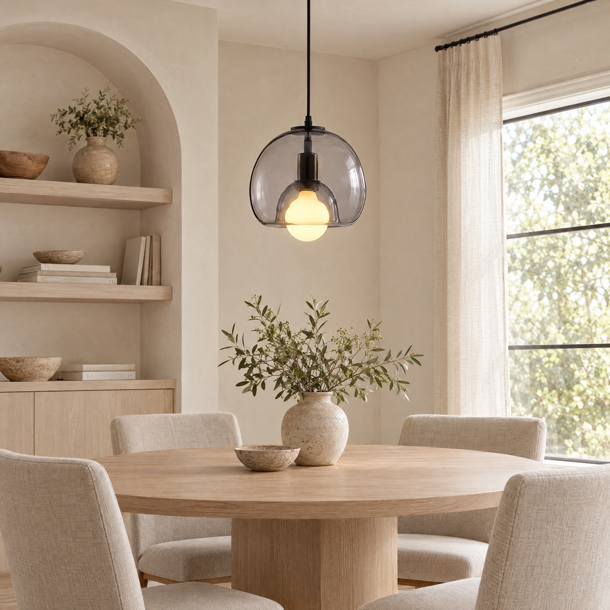 Vetro Glass Globe Pendant Light in smoke grey over an oak dining table
