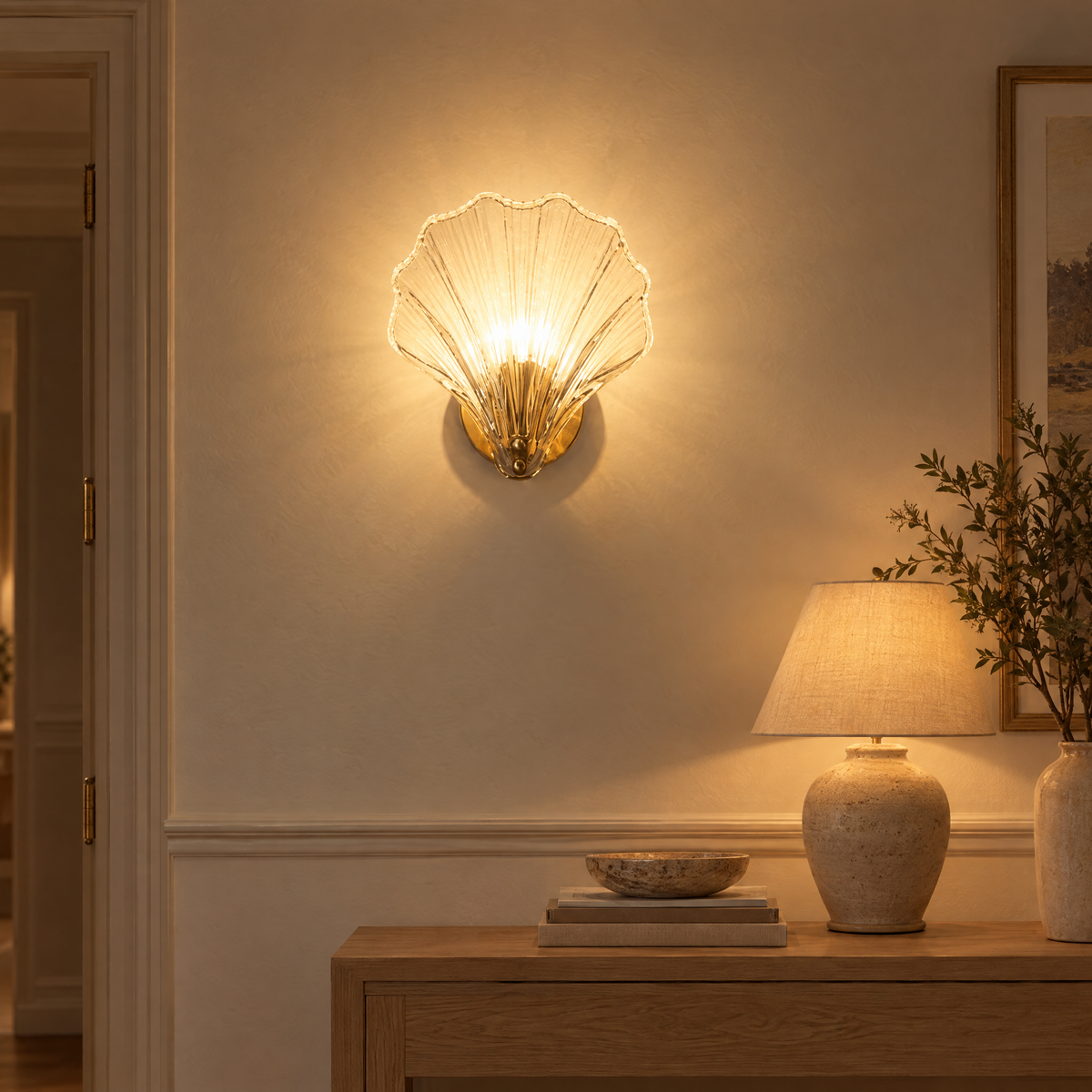 Conca Shell Glass Wall Light glowing in a hallway in the evening