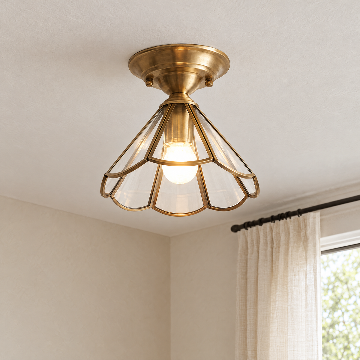 Fiora Brass and Glass Semi-Flush Ceiling Light close-up of the Petal style in clear glass