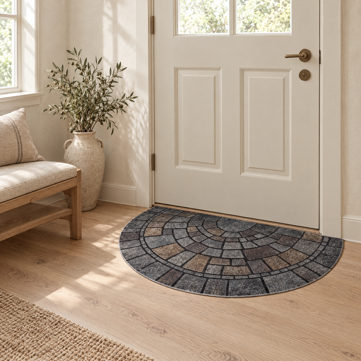 Lastra door mat in front of a cream panelled door in a calm entry hall
