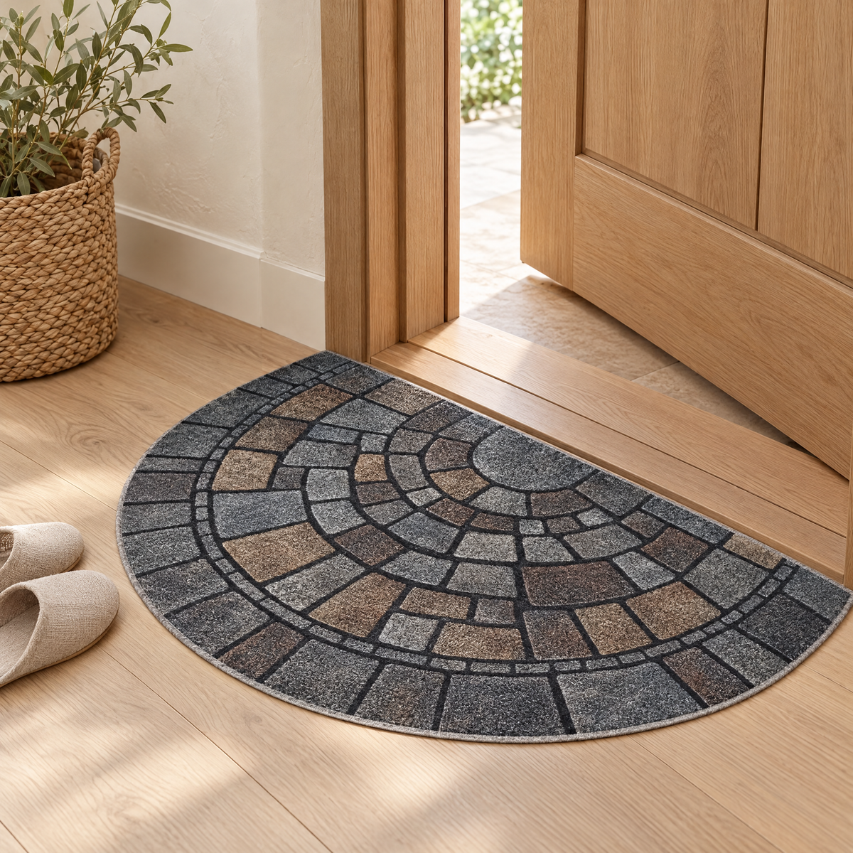 Lastra door mat at the threshold of an open oak door