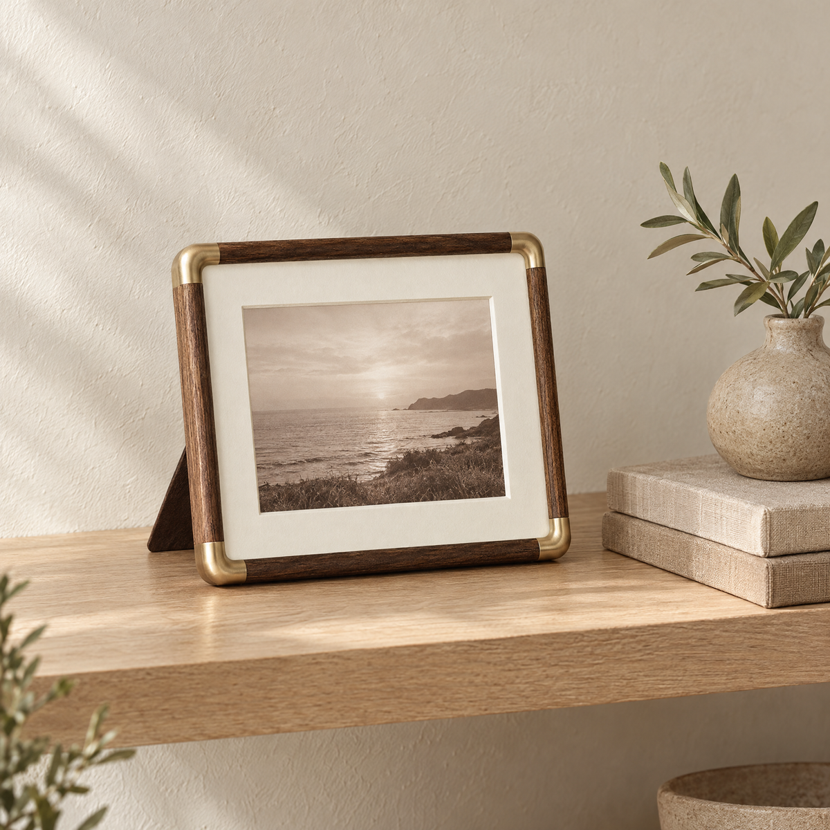 Walnut Cornice photo frame on an oak shelf