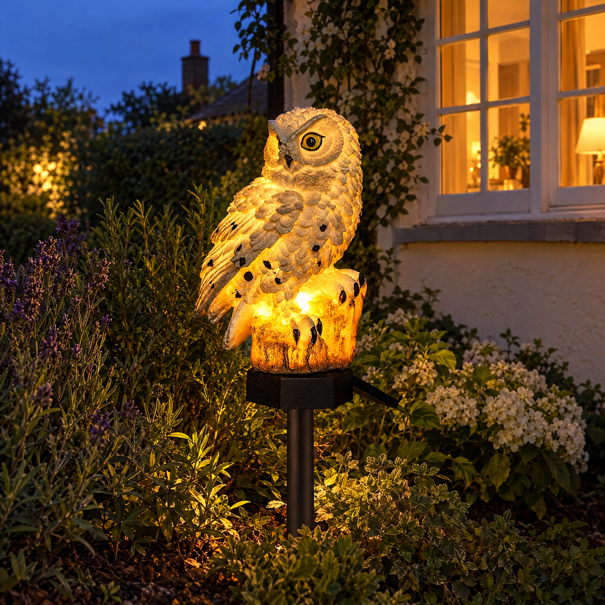 Gufo solar owl light glowing in a garden at dusk