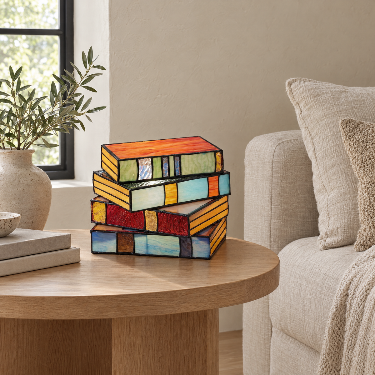 Libro stained glass book lamp on an oak side table in a living room