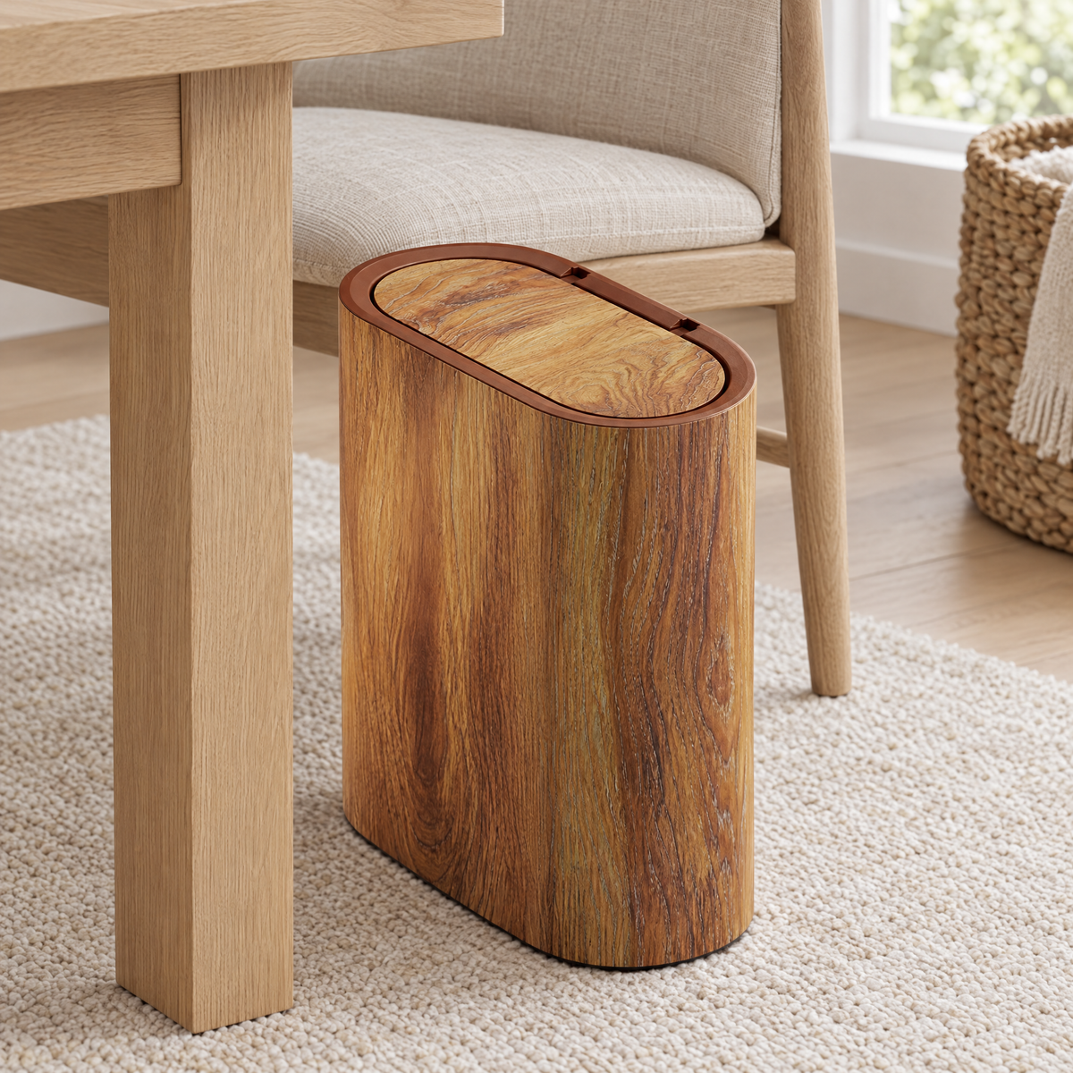 Close-up of the wood grain Pulito bin and fitted lid