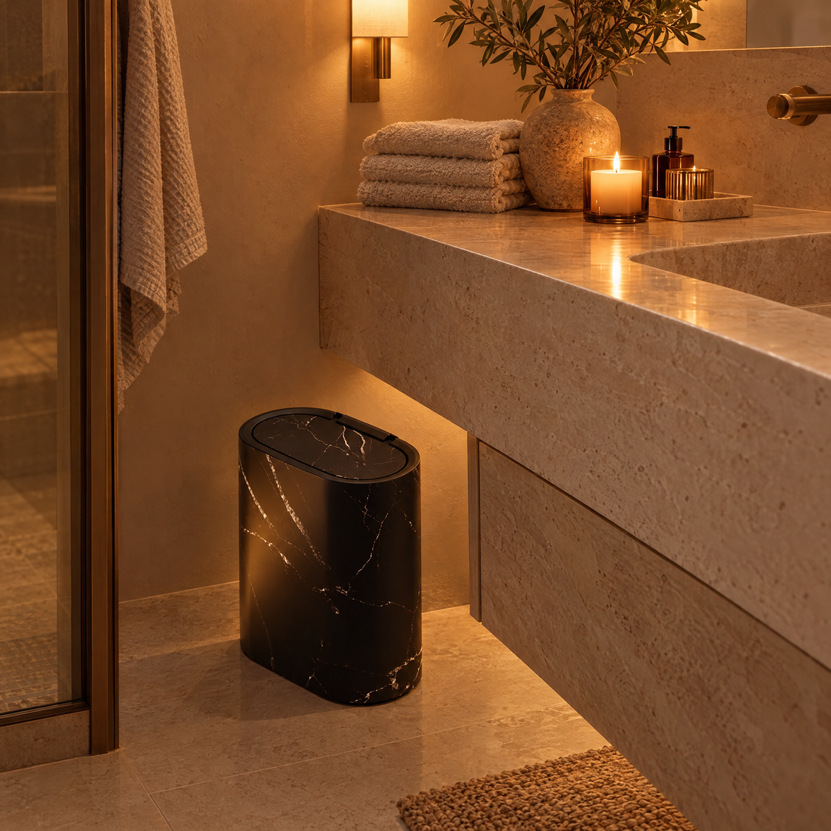 Black marble Pulito bin in a candlelit bathroom in the evening