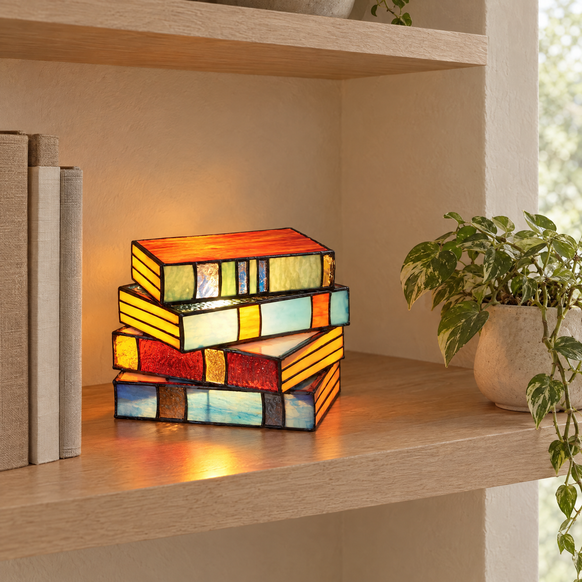 Libro stained glass book lamp glowing on an oak shelf