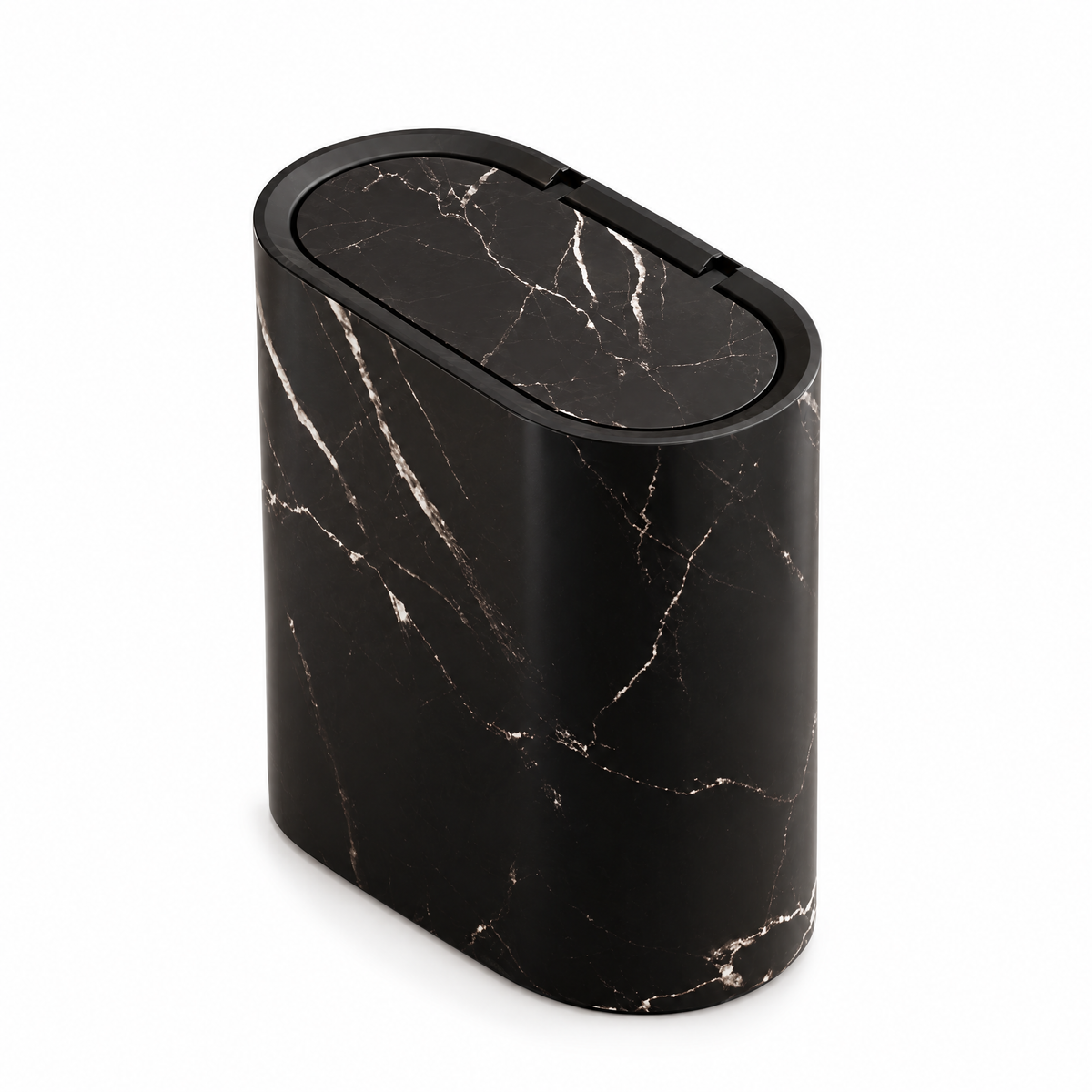 Pulito black marble-look waste bin with lid on a white background