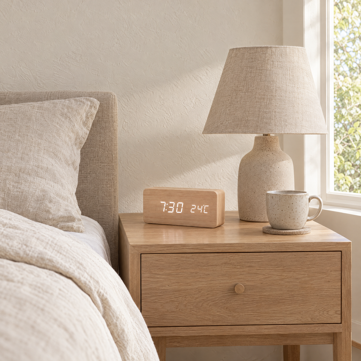 Light wood Sveglia clock on an oak nightstand in a calm bedroom