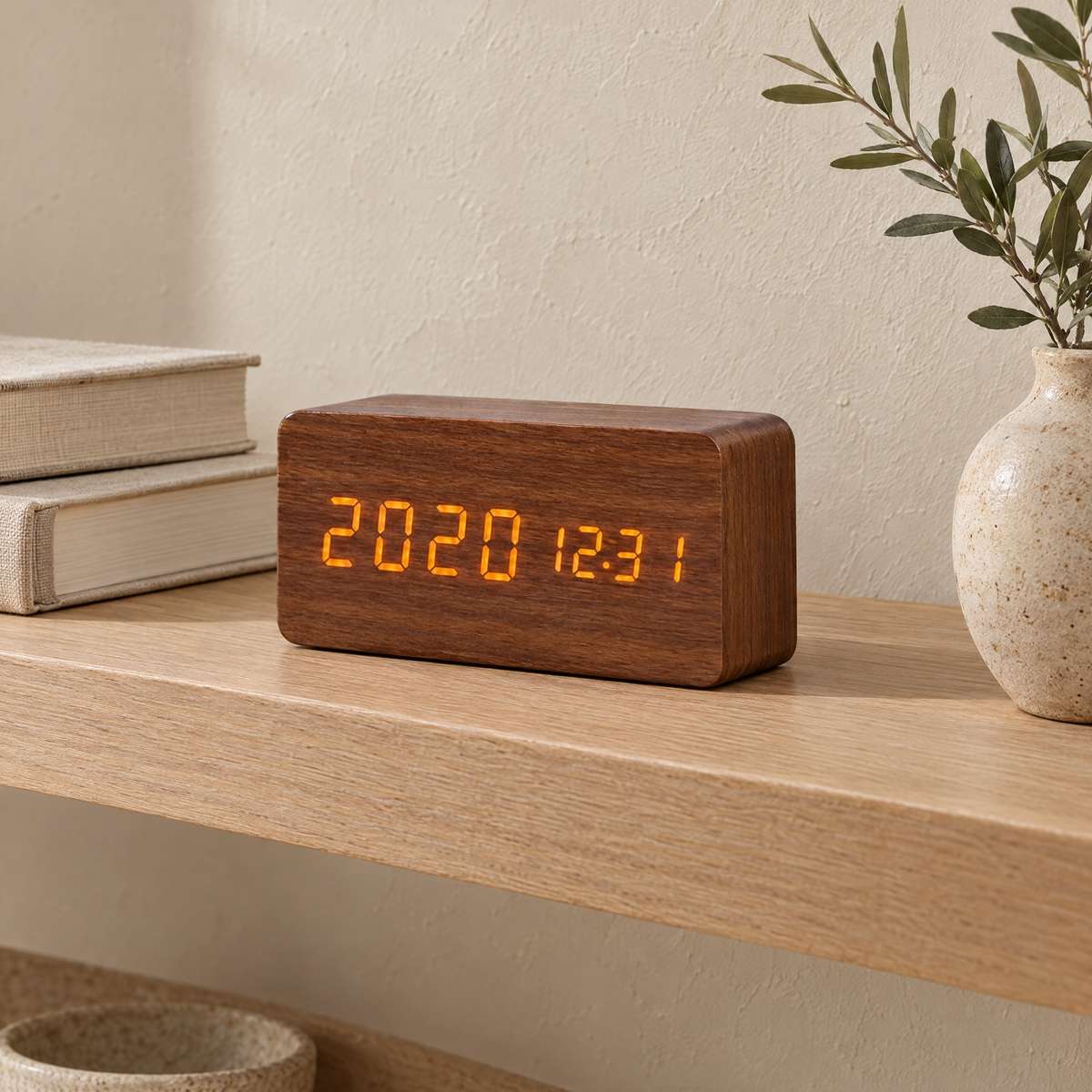 Brown Sveglia clock on an oak shelf beside books