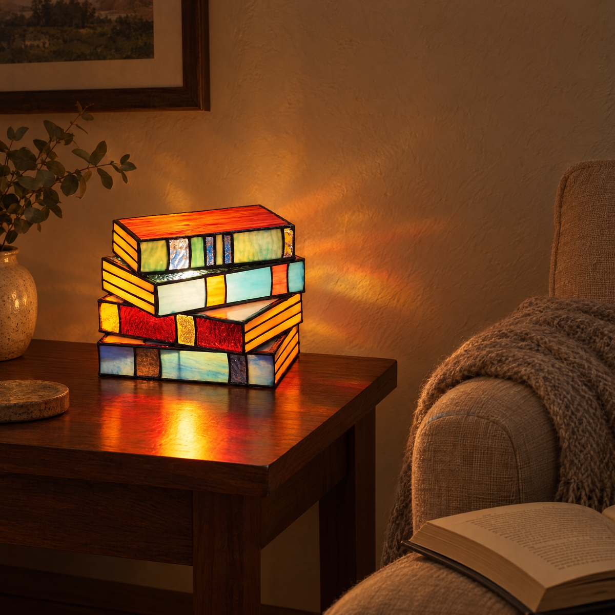 Libro lamp glowing beside a linen armchair in the evening