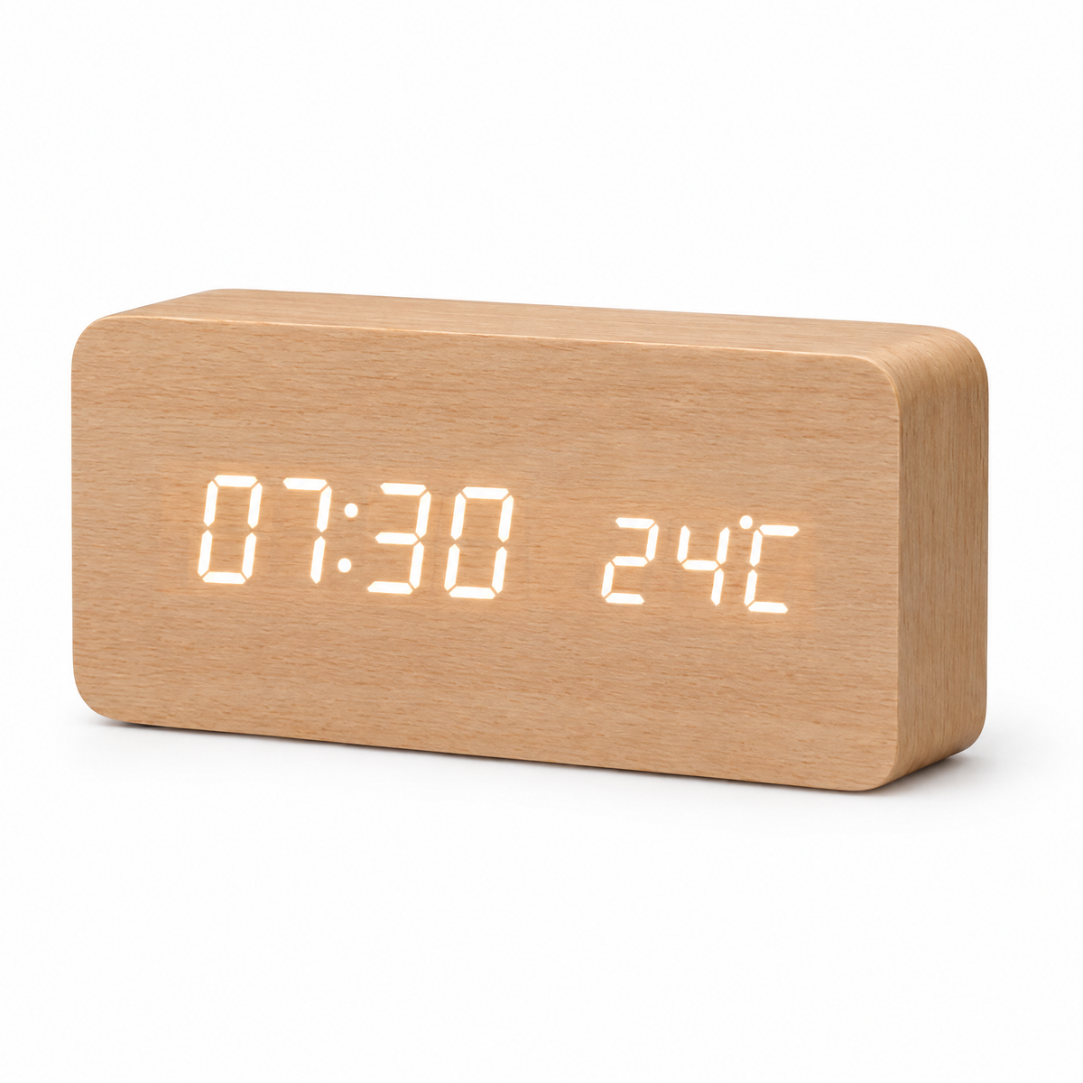 Sveglia light wood LED alarm clock on a white background