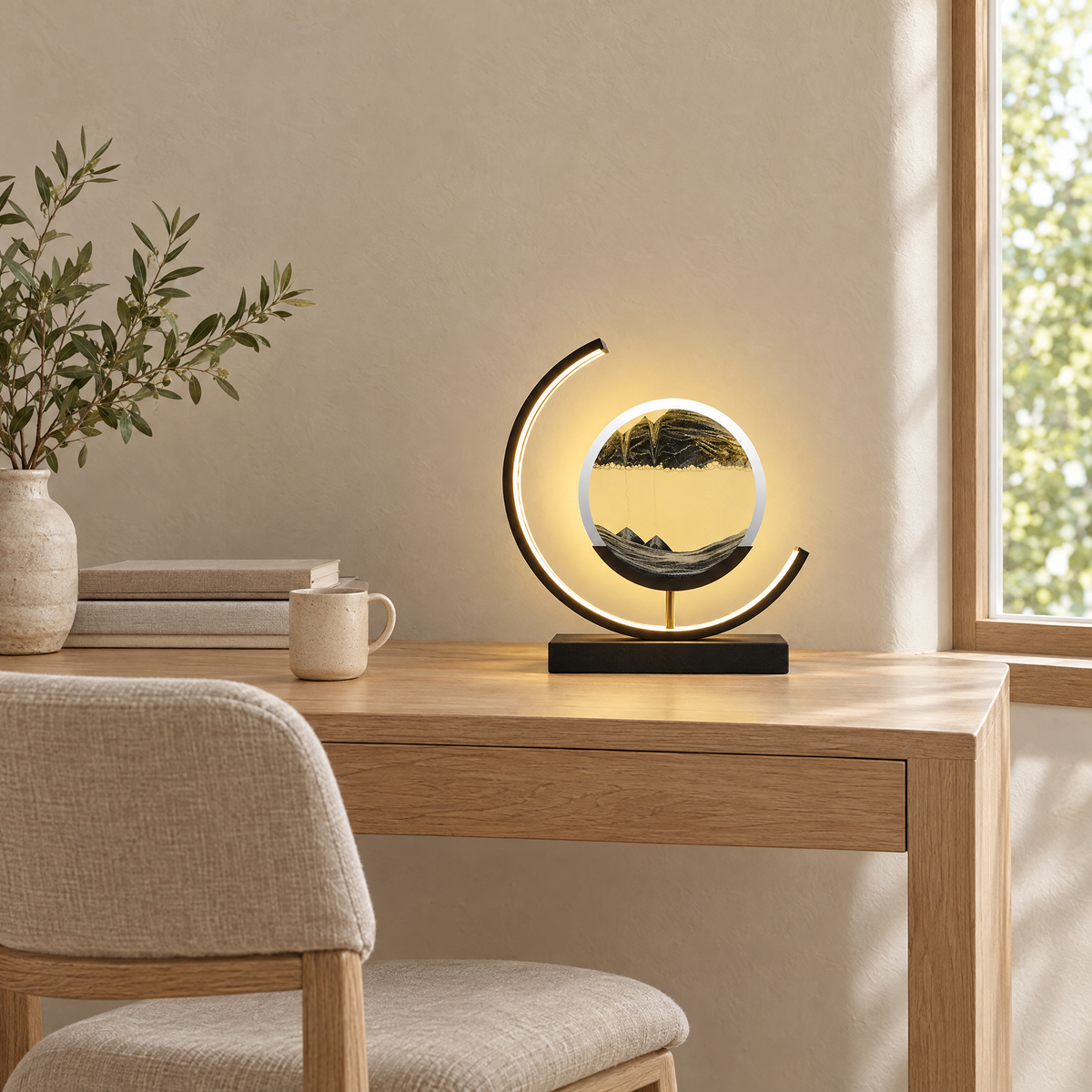 Duna sand lamp with black sand on an oak desk in a calm study