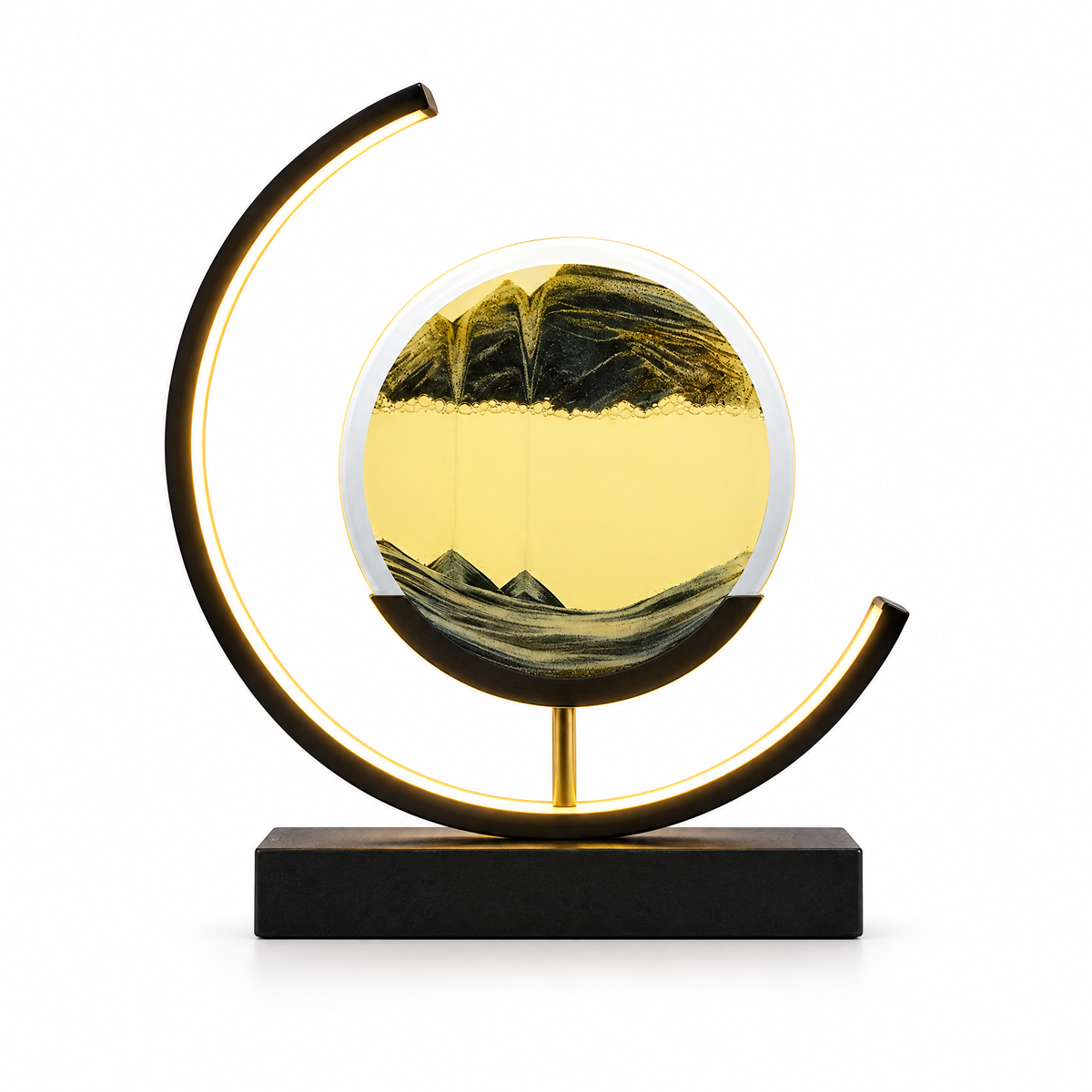 Duna moving sand LED table lamp with black sand on a white background