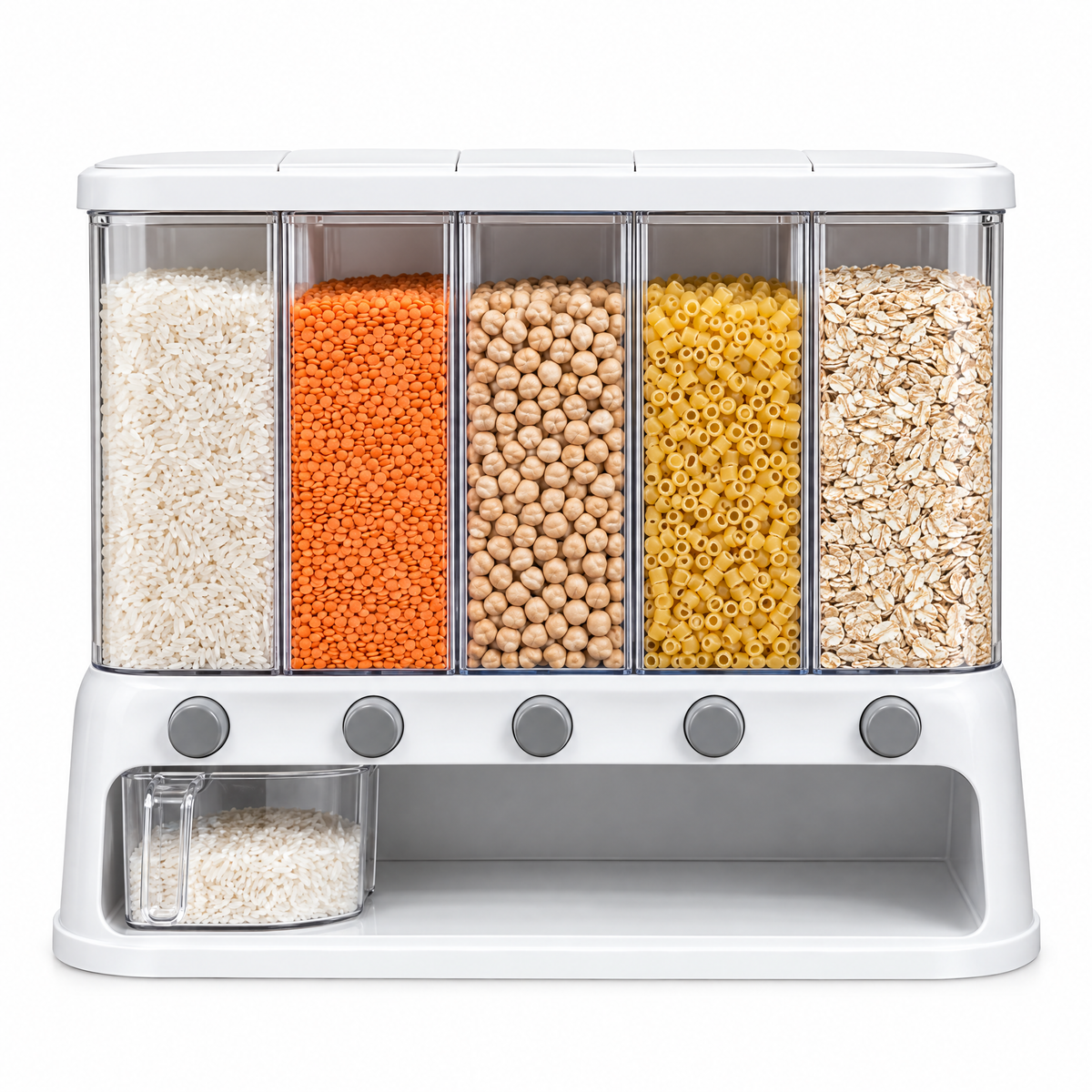 Dispensa five-compartment dry food dispenser on a white background