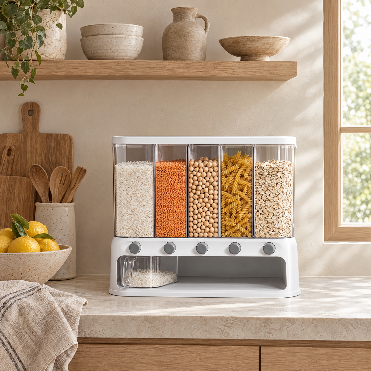 Dispensa dry food dispenser on a stone counter in a calm kitchen